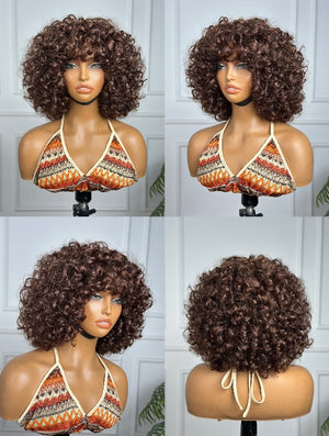 Brown Full Curly Fringe - 100% Human Hair Wig