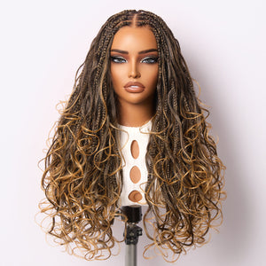 Ombre Honey Blonde French Curl Knotless Boho Braids HD Full Lace Long Wig Flexi Fit Invisi Drawstring Cap