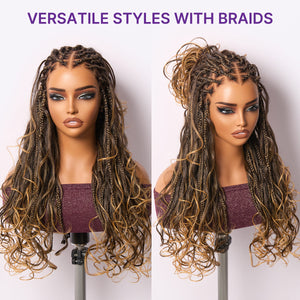 Ombre Honey Blonde French Curl Knotless Boho Braids HD Full Lace Long Wig Flexi Fit Invisi Drawstring Cap
