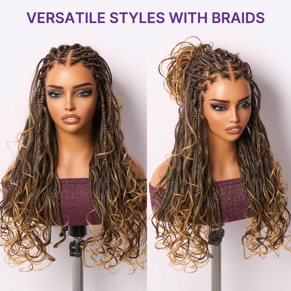 Ombre Honey Blonde French Curl Knotless Boho Braids HD Full Lace Long Wig Flexi Fit Invisi Drawstring Cap