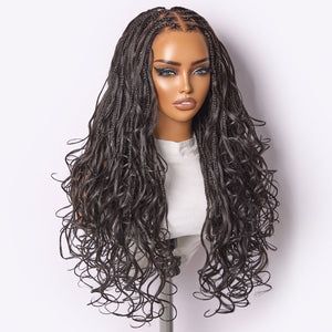 Ombre Honey Blonde French Curl Knotless Boho Braids HD Full Lace Long Wig Flexi Fit Invisi Drawstring Cap