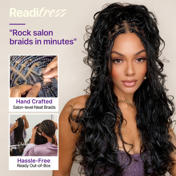 Ombre Honey Blonde French Curl Knotless Boho Braids HD Full Lace Long Wig Flexi Fit Invisi Drawstring Cap